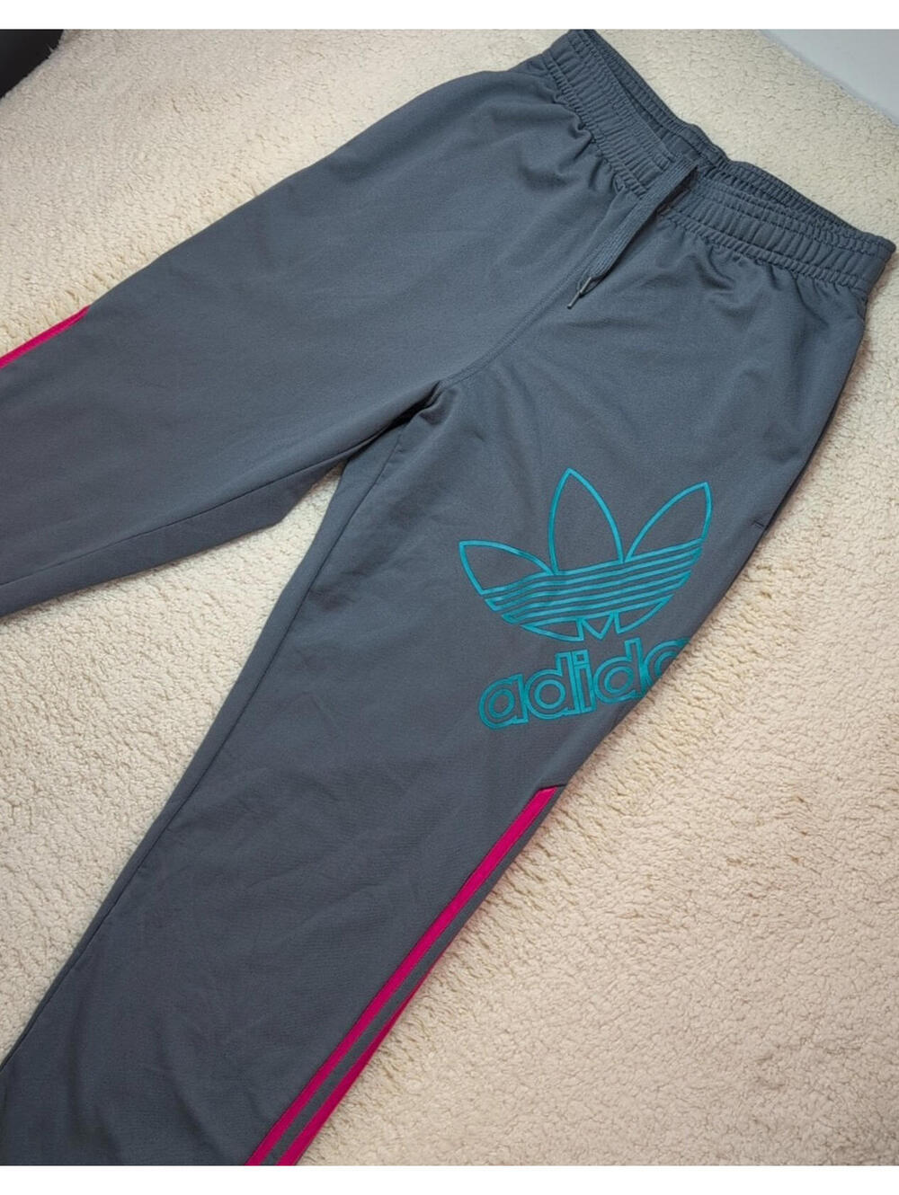 Adidas Men's Small Gray Track Pants Joggers Pink Stripes Teal Logo